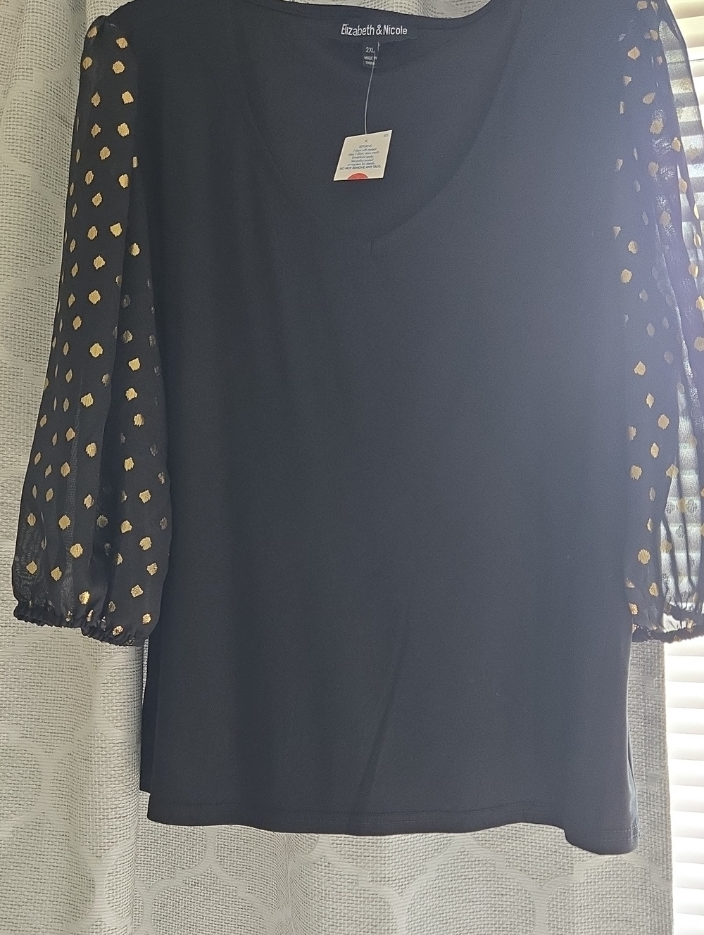 Black V-Neck Blouse with Gold Dot Sheer Sleeves
